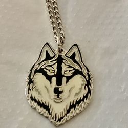 Enamel Wolf Face Silver Tone Necklace 