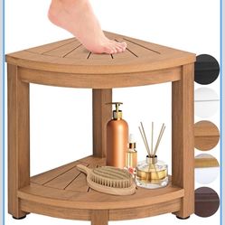 Waterproof Corner Shower Stool Brown Shower Bench for Shaving Legs & to Sit On Easily Assembled Corner Bench & Shelf Restroom Organizer Outdoor Table
