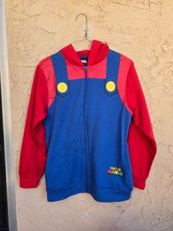 Super Mario Boys Hoodie Jacket L Red Blue Zip Fleece Cosplay Costume Sweater