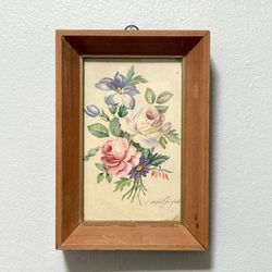 Vintage Bouquet Of Roses And Iris Print In Small Wood Frame Wall Decor