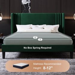 Queen Size Bed Frame, Velvet Platform Bed with Upholstered Wingback Headboard, No Box Spring Needed, Green
