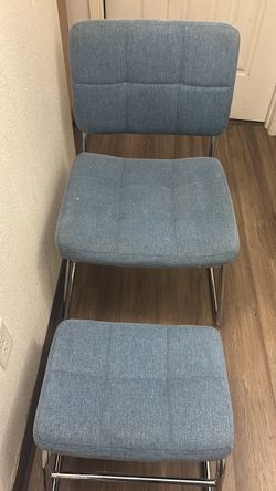 Blue fabric chair and ottoman set with sled base