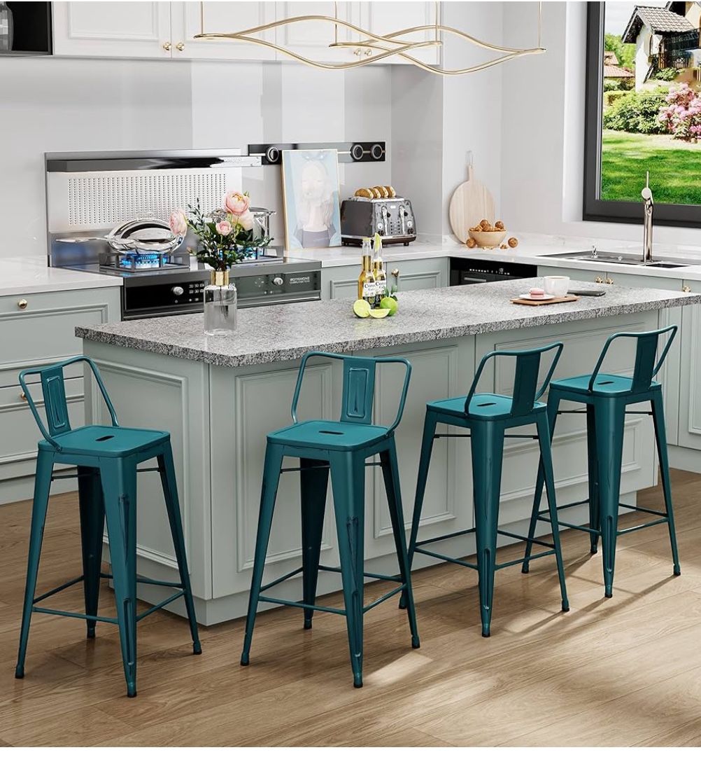 Aklaus Metal Bar Stools (Set of 4) Distressed Turquoise