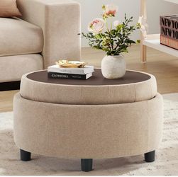 Fabric Round Storage Ottoman with Reversible Tray Lid – Multi-Functional Footrest, Hidden Storage, Sturdy & Stylish Small Coffee Table for Living Room