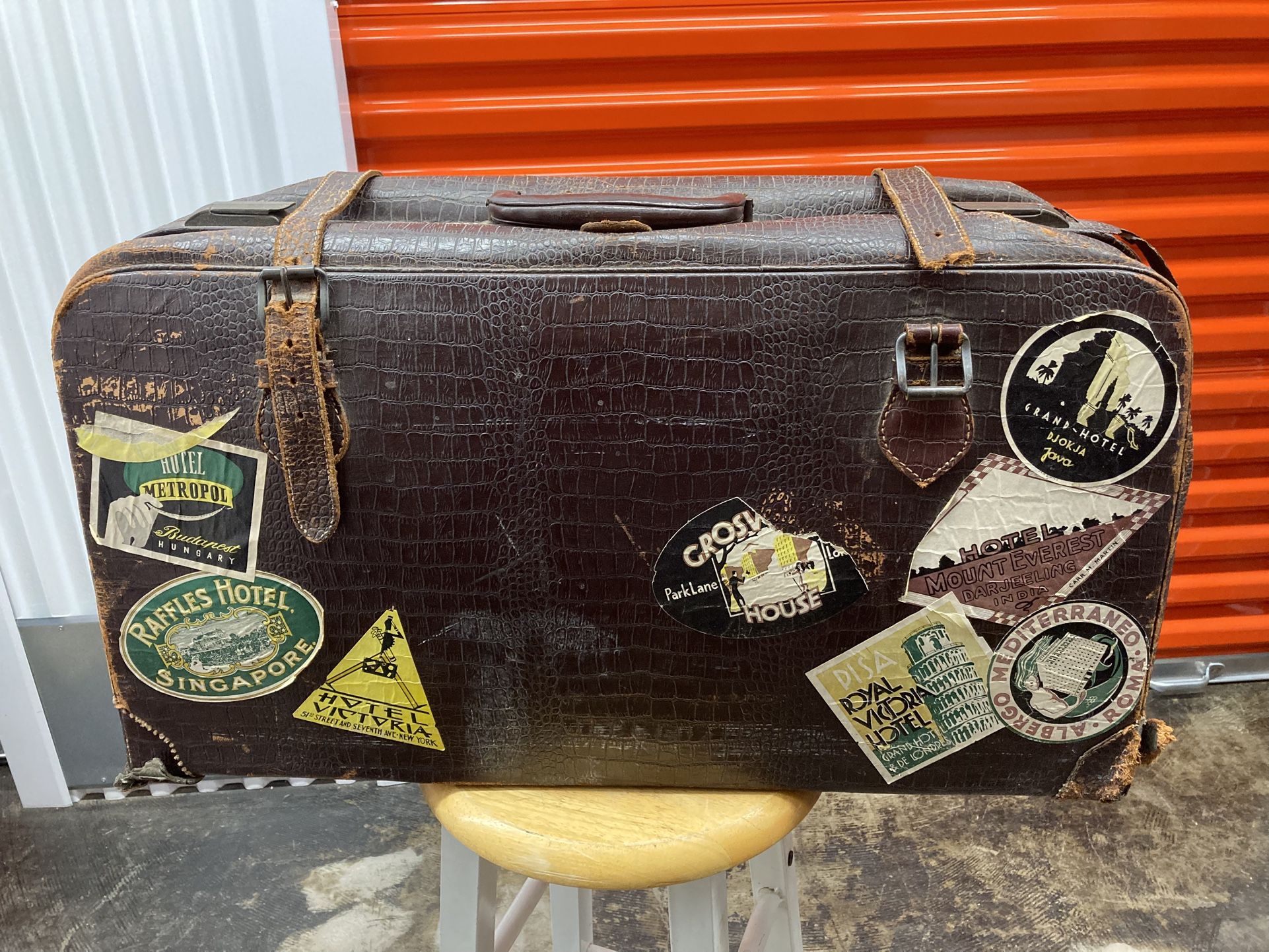 1930’s Belted Suitcase With Travel Stickers