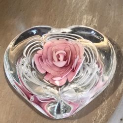 Vintage Art Glass Clear Glass Paperweight with Pink Flower Inclusion-Unique- EUC