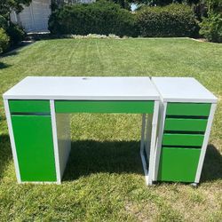 White and Green Ikea desk with drawers