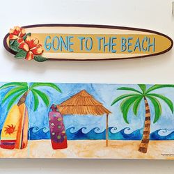Canvas Palm Tree Ocean Scene And Beach Sign Decor For Home Office Or Camper. 