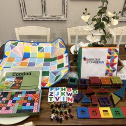 Magna-Tiles Magnetic Tiles & Cubes with accessories house, letters, people & storage play mat bin