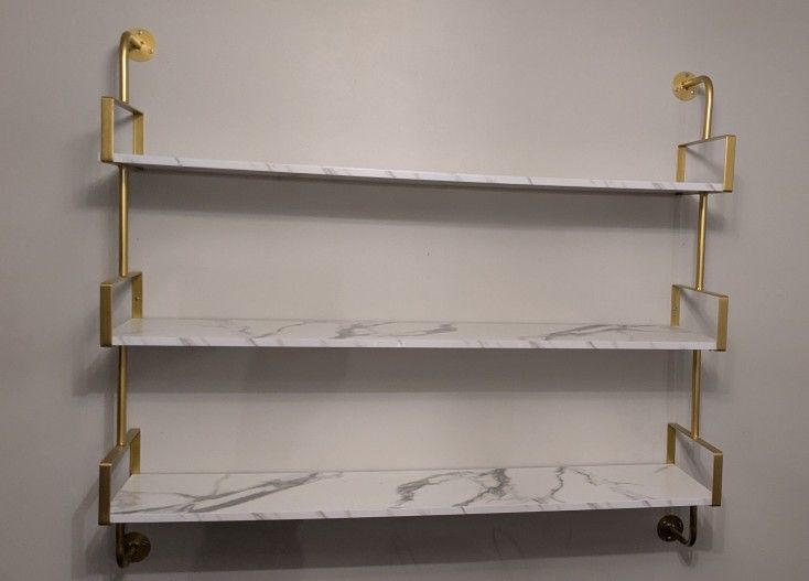 3-Tier Modern Wall Mounted Shelves Long Floating Shelving in White & Gold