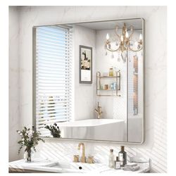 40x36 Inch Brushed Nickel Bathroom Mirror, Brushed Silver Metal Framed Wall Mirror, Rounded Corner