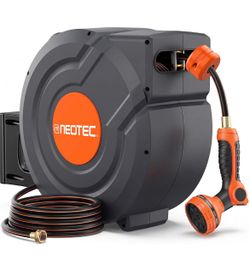 Upgraded Retractable Garden Hose Reel 5/8 inch x 90 ft Wall-Mounted 9 Pattern Nozzle Any Length Lock Automatic Slow Return 180° Swivel UV Resistant He