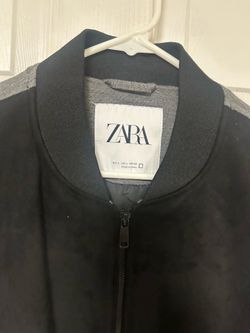 NWT Zara Faux Suede Combined Bomber Jacket L Full Zip Front Black/ Heather Gray