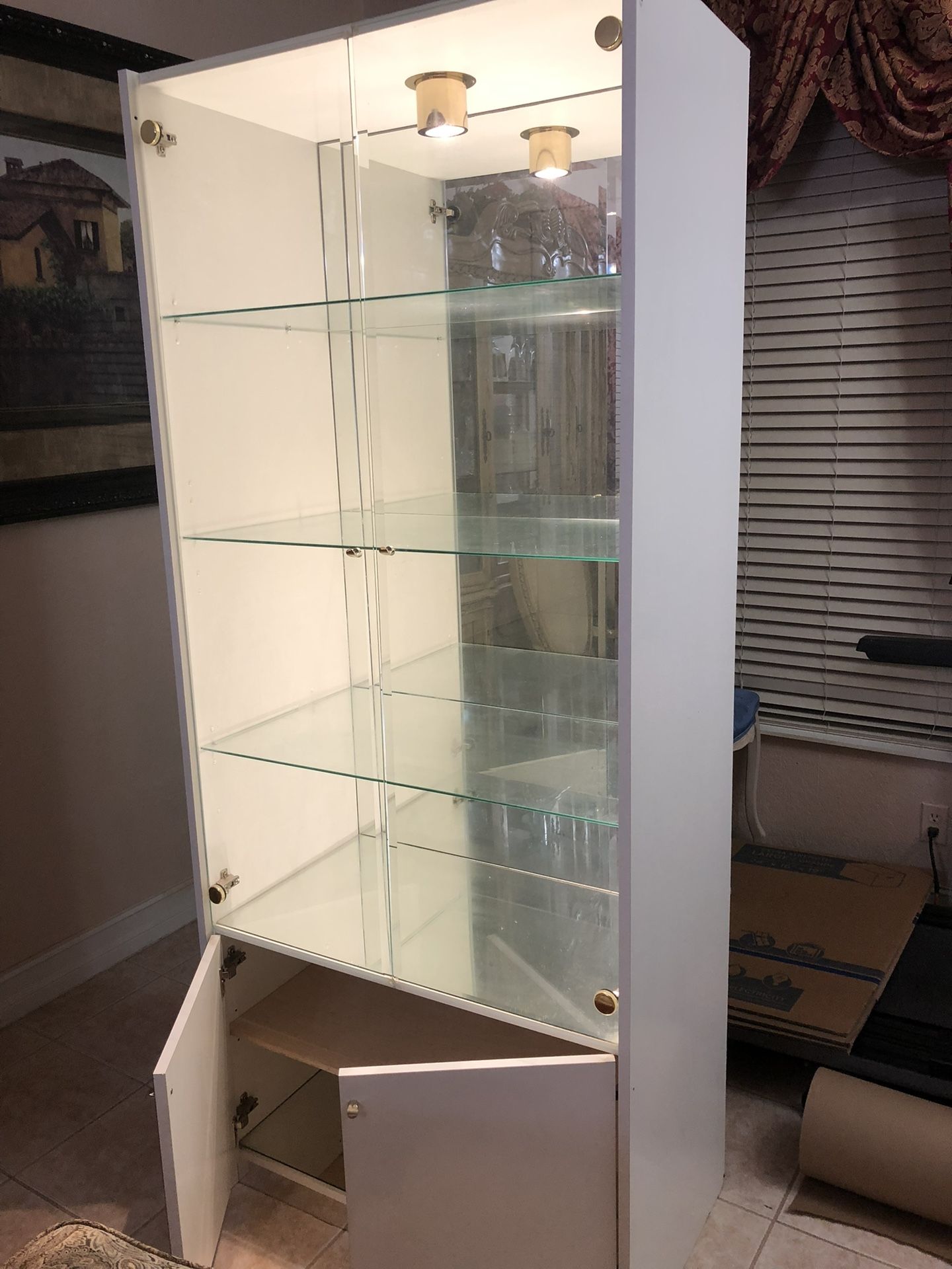 Lighted White Glass & Mirrored Bookcase with Doors