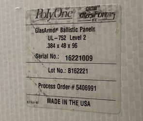 PolyOne GlasArmor Ballistic Panels UL-752 Level 2 Made In USA 0.384” Thick 4x8 Full Sheets 