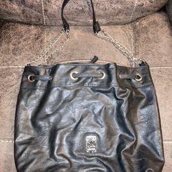 Black Kardashian Kollection Drawstring Bag With Chain Link Shoulder Strap Handle