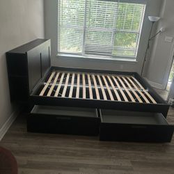 Beautiful IKEA Black FULL Sz Size Bedframe Bed Frame + 4 HUGE Under Sliding Drawers Storage + Headboard 