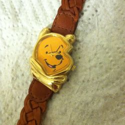 Winnie The Pooh Face TIMEX Watch Braided Brown Yellow Genuine Leather Gold Tone