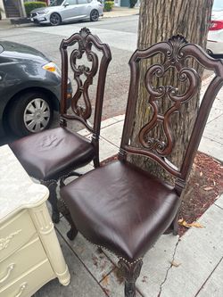 2 Traditional Carved Wood Dining Chairs (Excellent Condition) w/ Soft Brown Leather