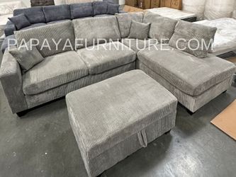 New!106” Plush Gray Sectional And Ottoman, Sectional Sofa,Gray couch, Gray Sofa, Sectional And Storage Ottoman, Sectionals, Sofa, Corduroy Sectional w