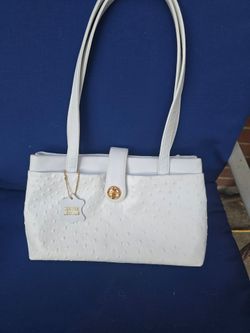 Giani Bernini Embossed Faux Ostrich Genuine Leather White & Gold Accent Purse