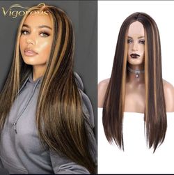 Lace front Caramel Highlights long Dark Brown 28 Inch Black straight wig