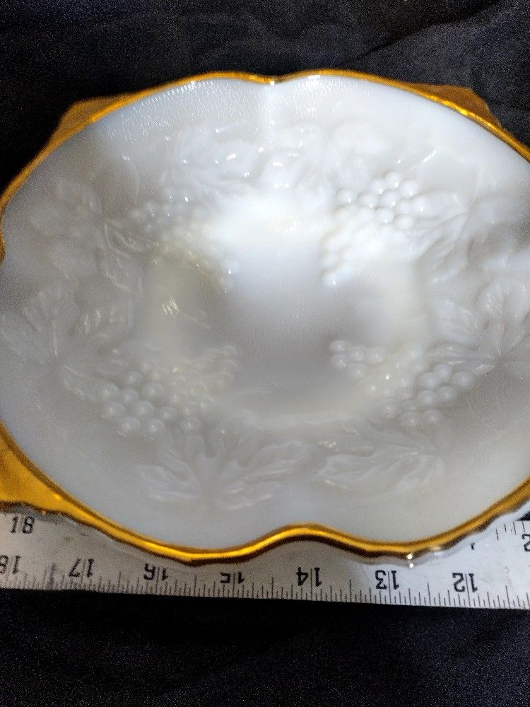Antique Opalescent Milk Glass Pedistaled Platter With Heavy Guilding And Harvest Grape Embossing