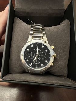 New In Box Bulova Men’s Watch Stainless Steel Diamond Chronograph Black Dial