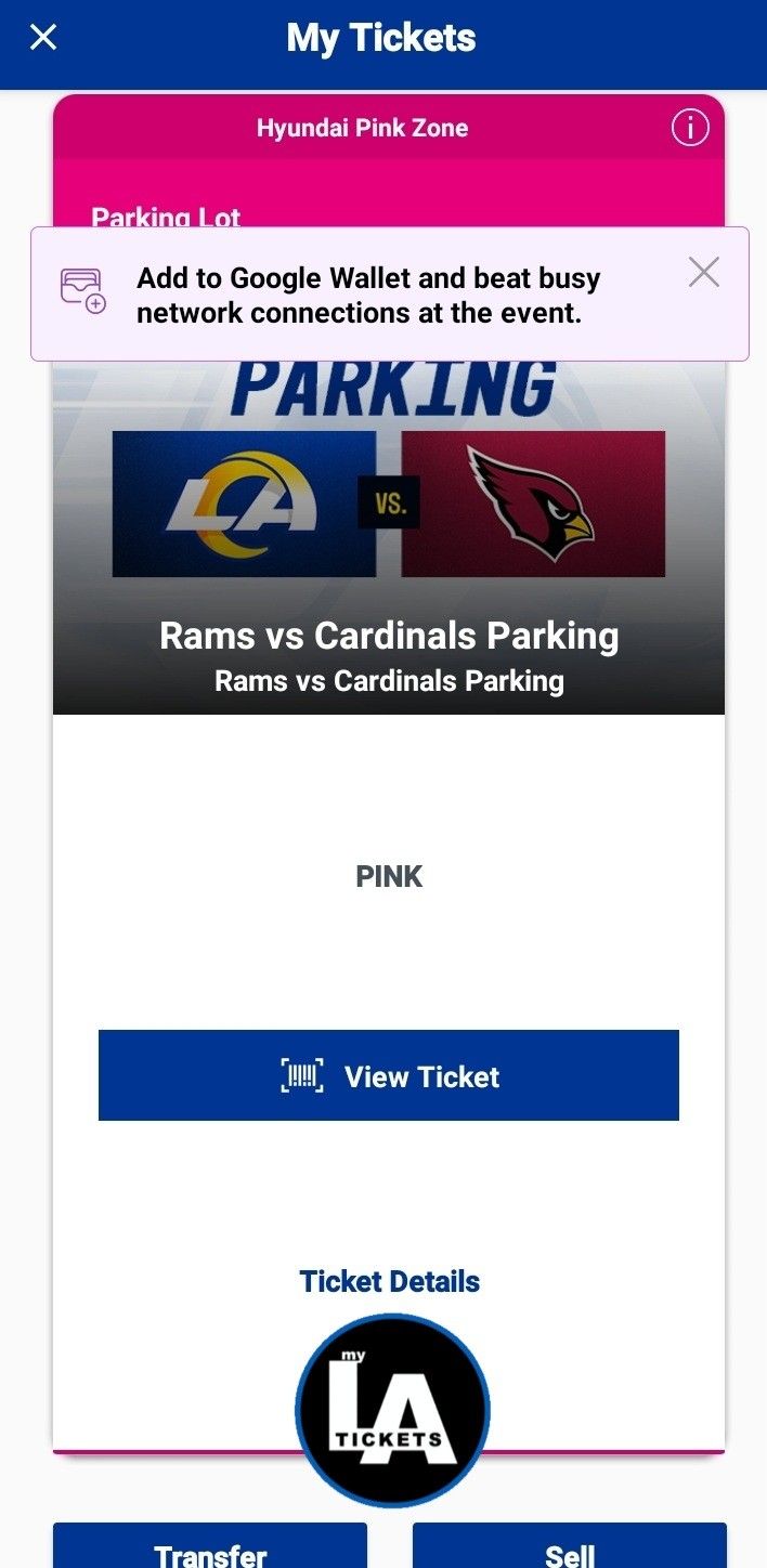 1 RAMS VS CARDINALS - PINK LOT TAILGATE PARKING PASS - $125