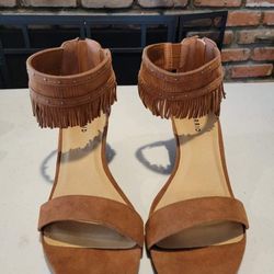 Torrid New Brown Suede Fringe Wedges size 10 wide 10w Ankle Strap open toe