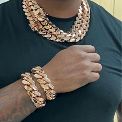 Set Chain & Bracelet 20mm Miami Cuban Link Pink Red Rose Gold Plated Chain Necklace 18k & 14k Crab Old School Regular Lock