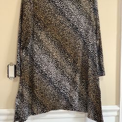 JM Collection Women’s Tunic Blouse Size M Black Tan Abstract Print 31”