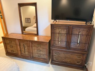 Vintage Wood Dresser and Chest of Drawers Set and Headboard