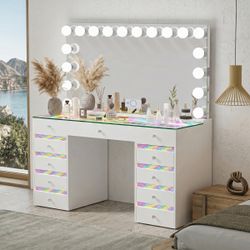 White Vanity Desk with Lighted Mirror and Drawers