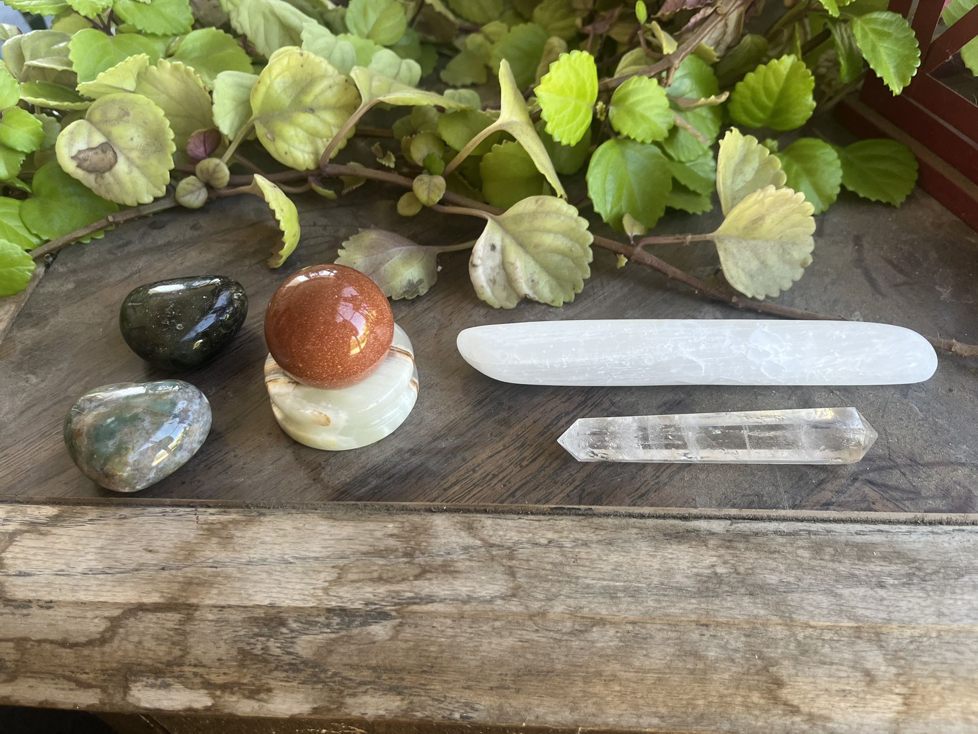 Selenite Wand, Crystal Point, Peach Moonstone Sphere, Prehnite Hearts