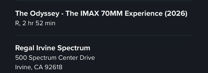 2 tickets Odyssey imax 70mm Irvine spectrum - next to each other
