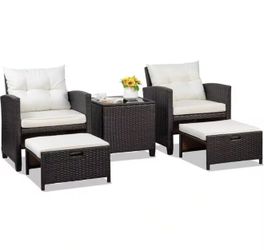 5 Pieces Patio Furniture Set, Outdoor Wicker Patio Conversation Set With Ottoman, All Weather Rattan Outside Chairs With Coffee Table & Cushion For Po