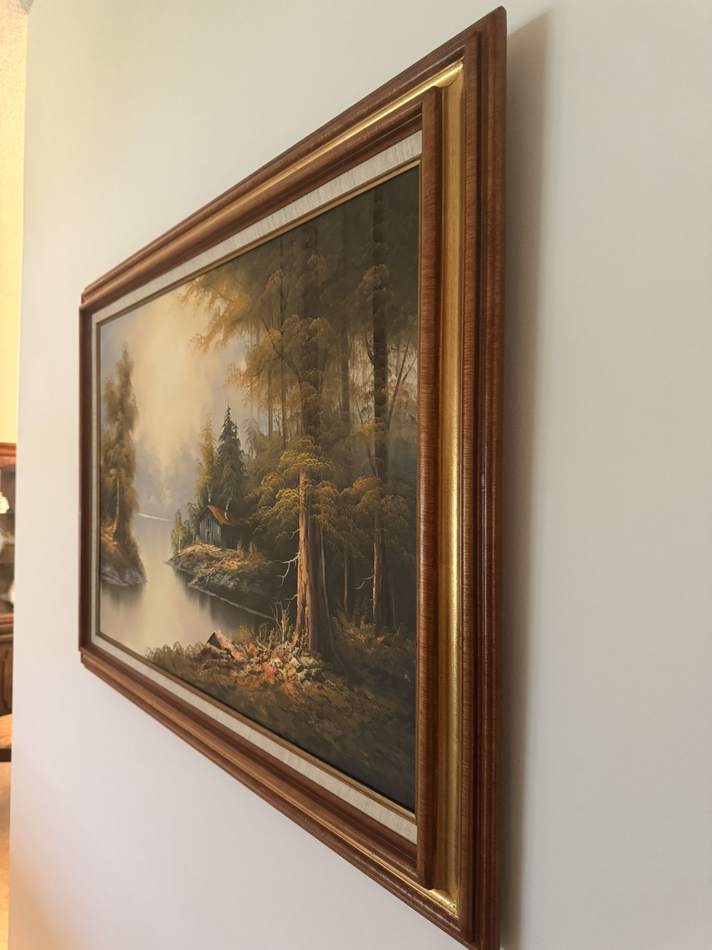 Large Classic Framed Landscape Painting – Cabin & Forest Scene