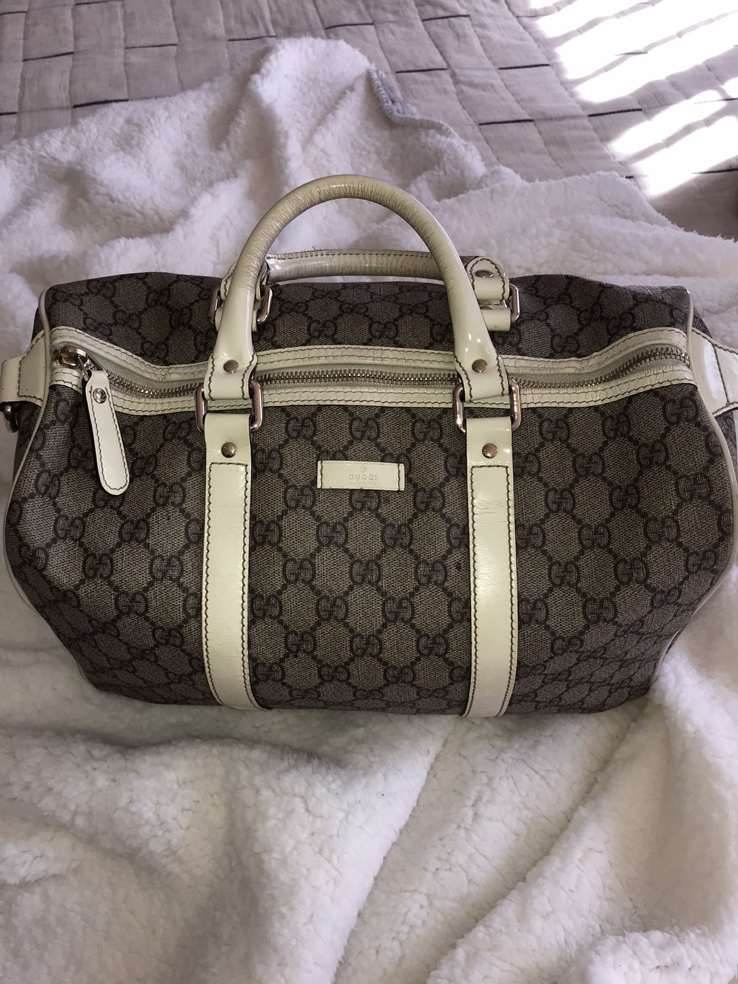 USED/Great Condition: Gucci Beige/White GG Coated Canvas Medium Joy Boston Bag