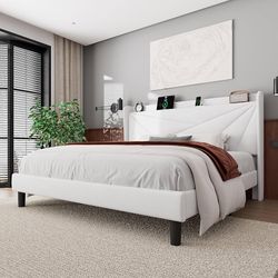 King Size Bed Frame with Charging Station, Upholstered Platform BedFrame with Wingback Storage Headboard, Solid Wood Slats Support, No Box Spring Need