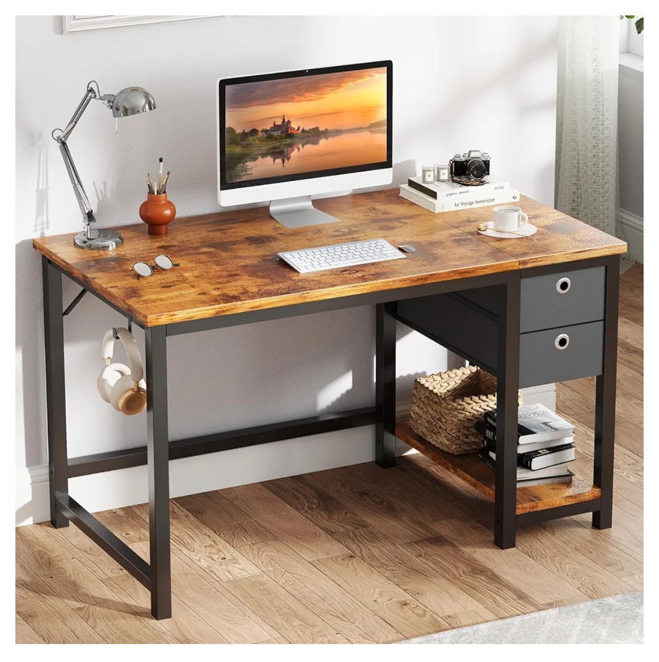 Computer Desk with Storage Drawers, Small Office Desk Modern Simple Study Writing Table for Home Bedroom, Spacious 47X24 Inch Desktop with 2-Tier Draw