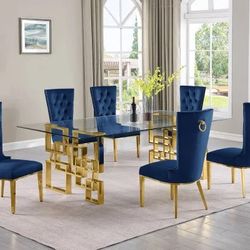GLAM GLASS TOP 7 PIECE DINING TABLET SET BLUE TUFTED RING PULL CHAIRS GOLD STAINLESS STEEL BASE