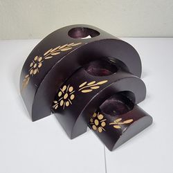 Set of 3 Curved Mango Wood Candleholders Floral Carved

