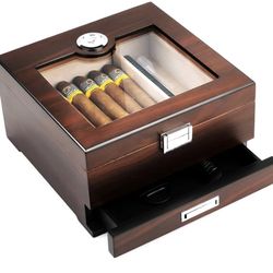 Bald Eagle Cigar Humidor, Handmade Box with Humidifier Hygrometer, Cedar Wood Glass Top Case with Accessories Drawer, Hold 30-35 Cigars