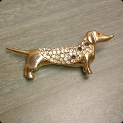 Charter Club Gold Tone Dachshund Rhinestone Brooch/Pin