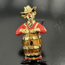 Vintage Whimsical Rodeo Clown In Barrel Brooch TAT Pin