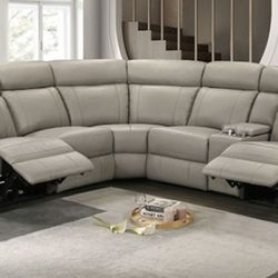 Brand New Taupe Leather Power Reclining Sectional Sofa 