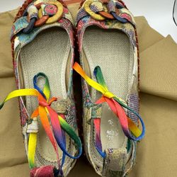 433-ATT New Xiruyi  Ankle Tie Flats Handmade Bohemian US 6.5 Eu 37 Multicolor