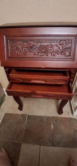 Asian inspired wood carved secretary desk