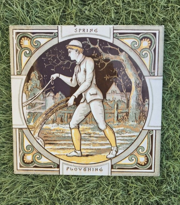 Antique 1880s English Minton Tile Ploughing by John Moyr Smith 6 Inches RARE